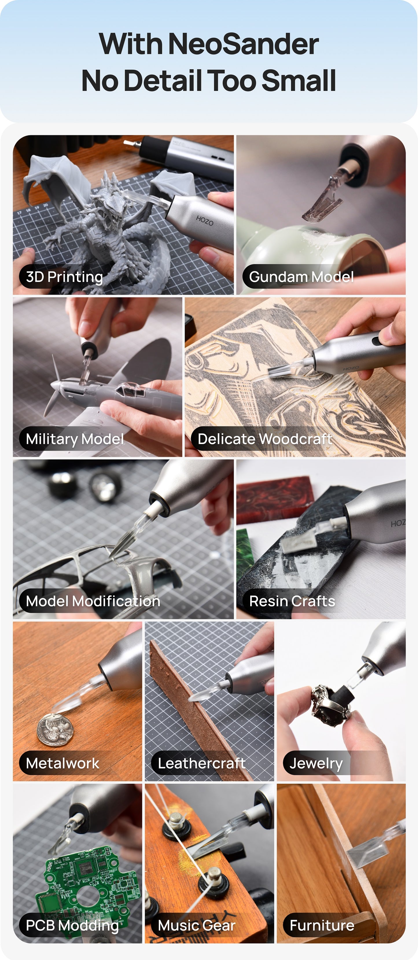 HOZO NeoSander: Mini Electric Reciprocating Detail Sander & Hand-Operated Engraver Pen